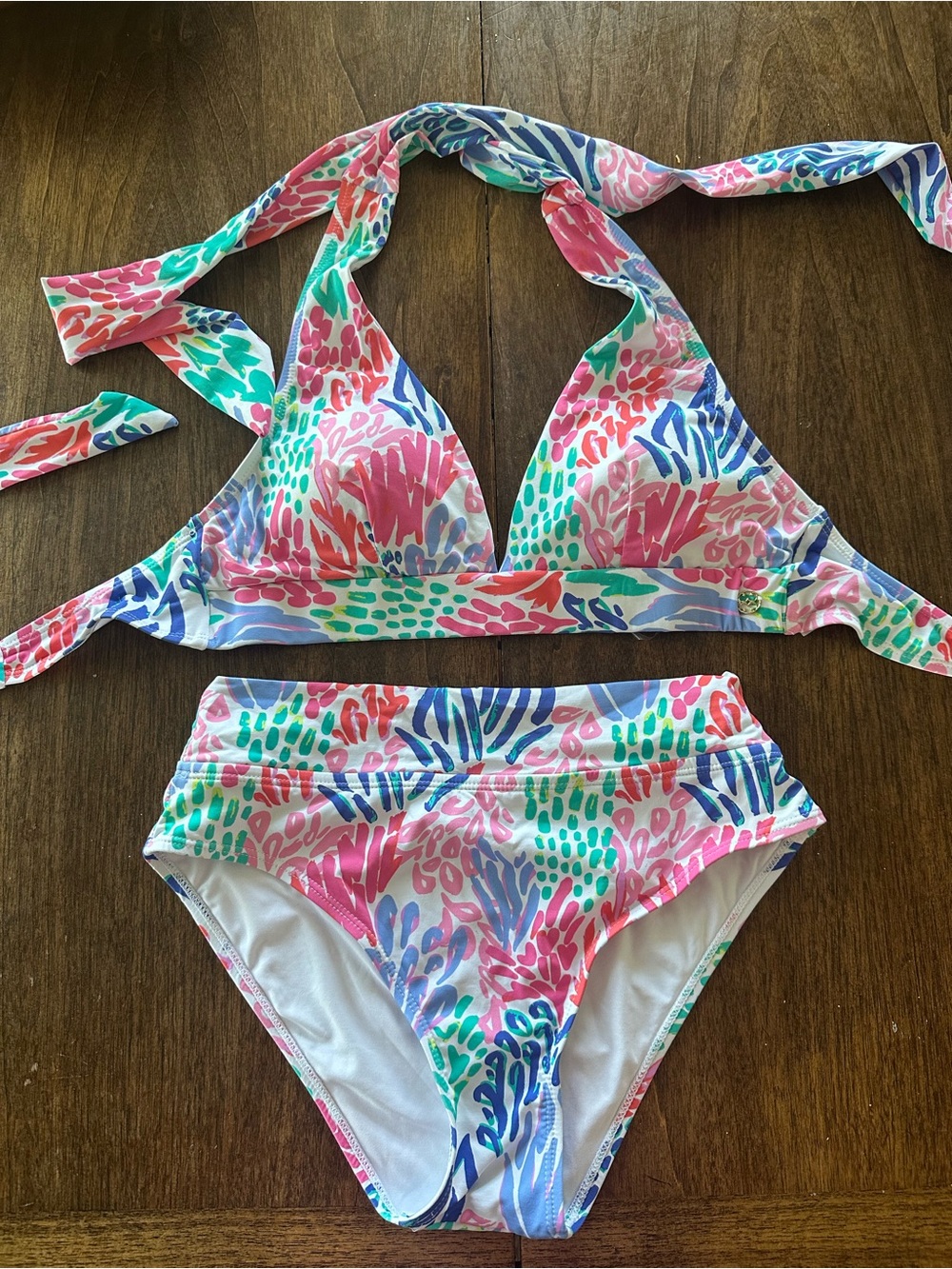 Tropical Print Halter Bikini Top and High-Waist Bottoms.